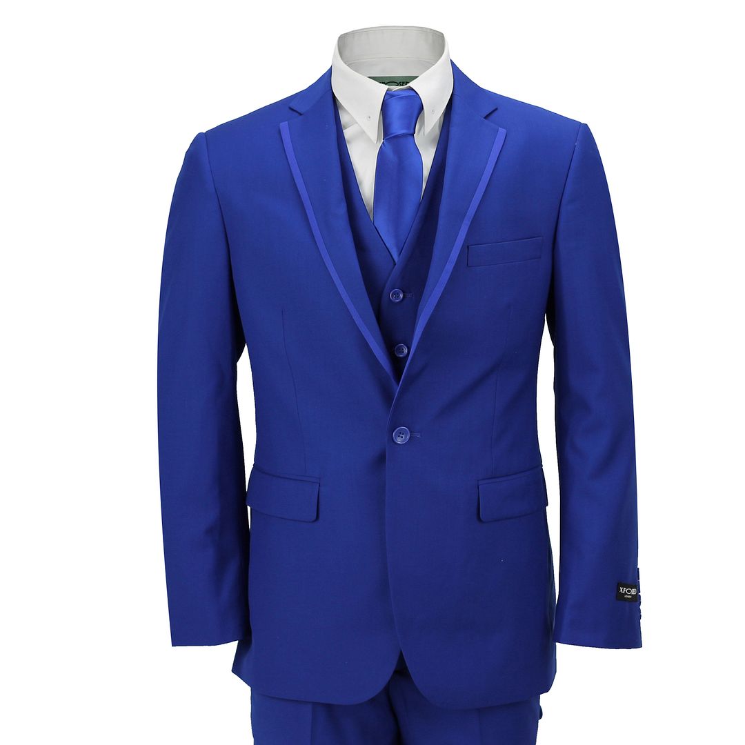 Mens 3 Piece Royal Blue Formal Casual Fitted Suit Trim Lapel Wedding